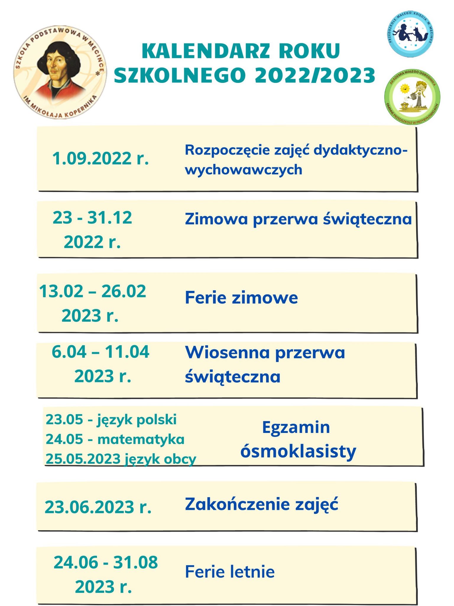 Kalendarz roku szkolnego 20222023 Zespół Szkolno Przedszkolny w